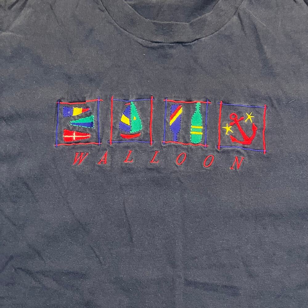 Vintage Walloon Men XL‎ Navy Blue Short Sleeve Embroidered Sailor Boats Shirt